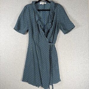 Diane von Furstenberg Savilla Wrap Dress Sz 14 Blue Silk Ruffle Travel Resort